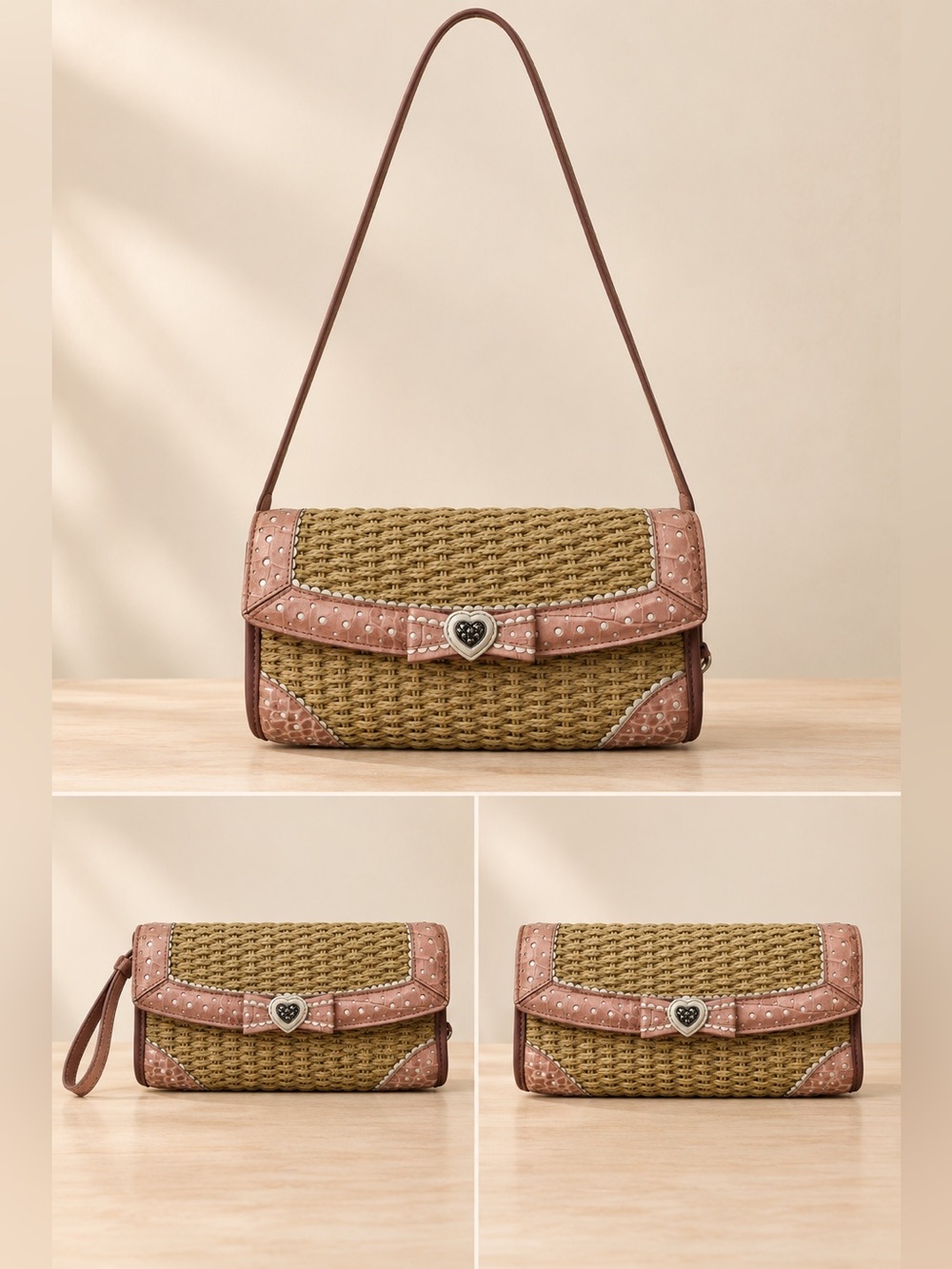Brighton Pink Straw Leather Shoulder Bag Clutch Heart Y2K Coquette